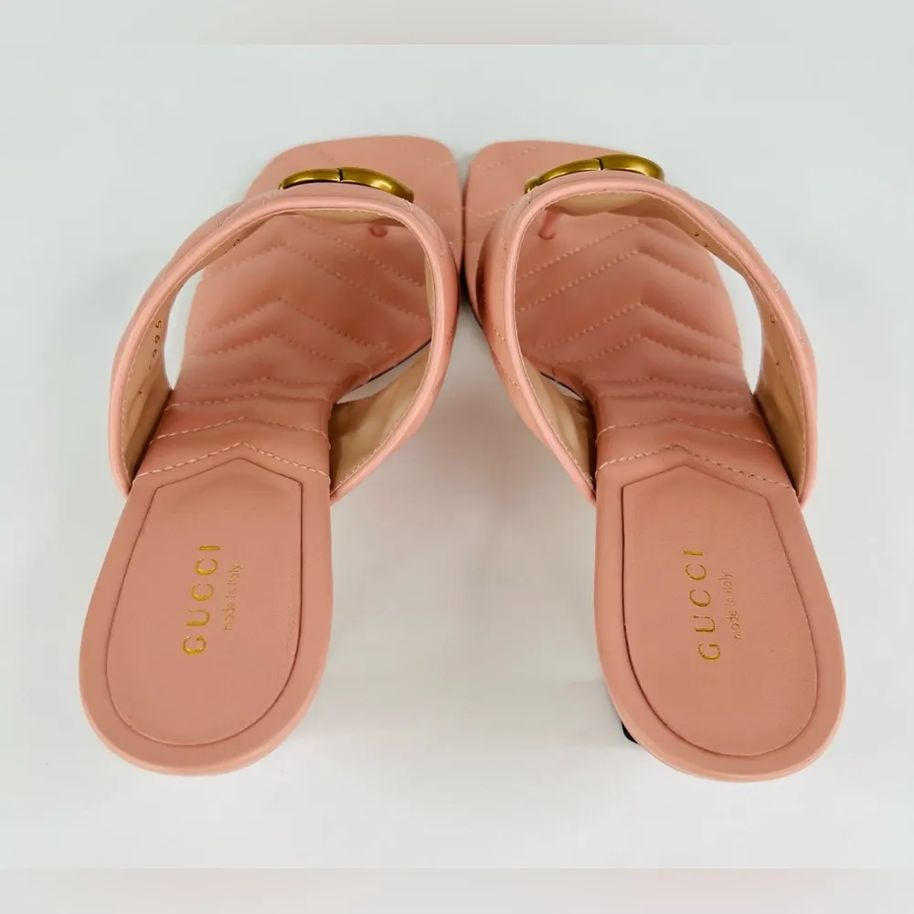Gucci Marmont Double G Chevron GG Logo Pink Thong Mule Kitten Sandals Size EU 40 - Image 6