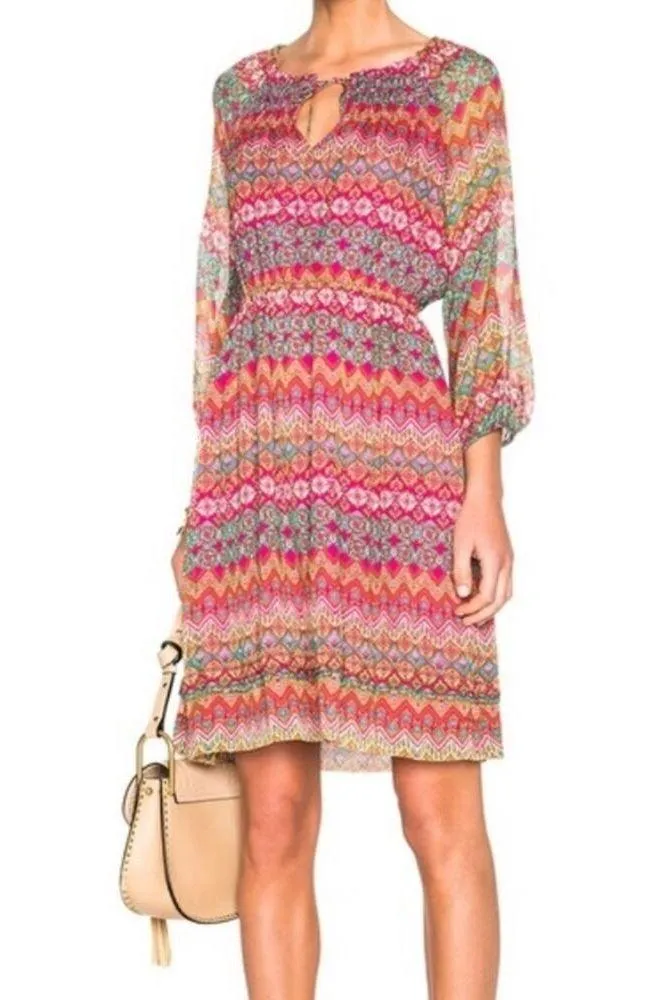 Diane Von Furstenberg Parry 100% Silk Mini Dress Size 0 Red Chevron Boho Print - Image 3