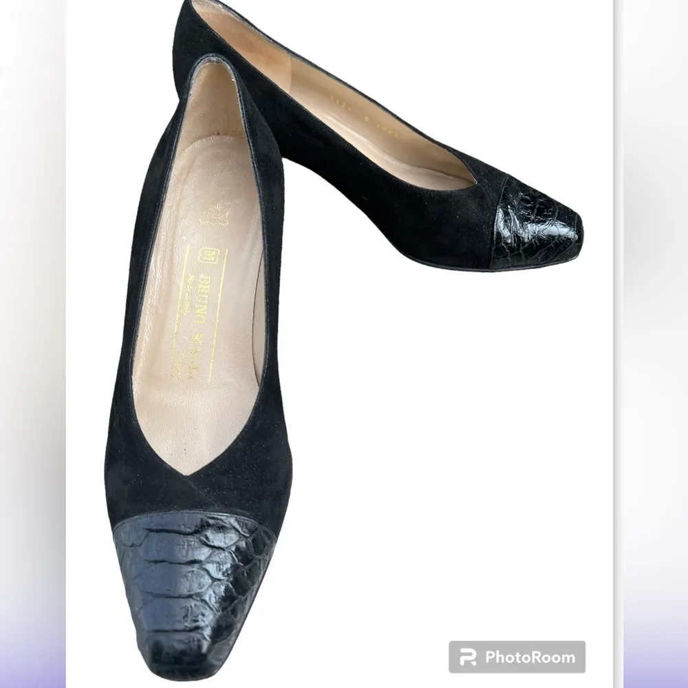 Bruno Magli Black Suede‎ Alligator Heel Tip Pumps Made in Italy Size 7 1/2 - Image 2