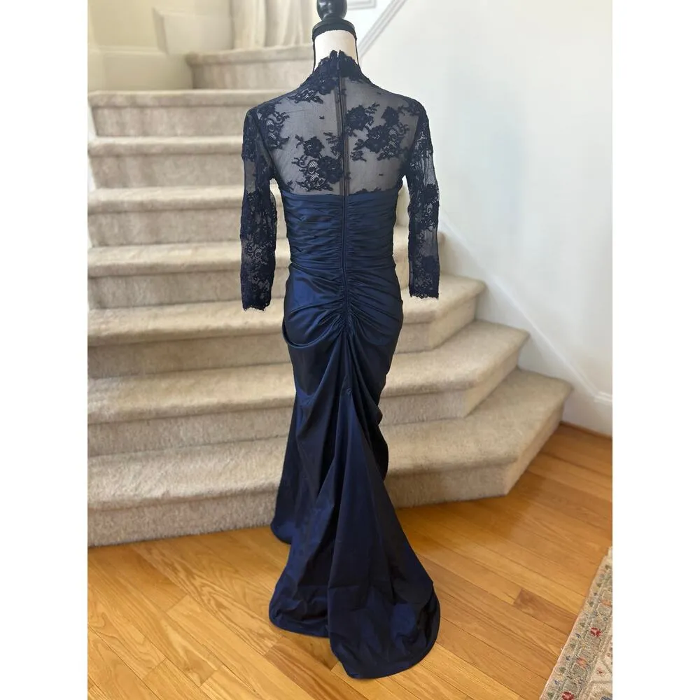 Tadashi Shoji Navy Draped Illusion Lace Sheath Gown - Image 4