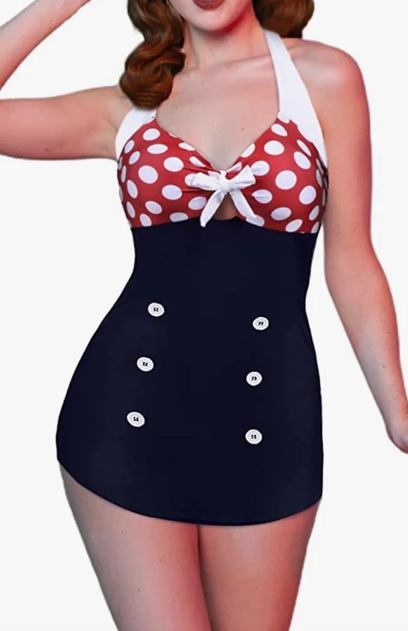 Ekouaer Womens Vintage Striped Swimsuit Monokini Boyleg Bathing Suit Swimwear - Image 1