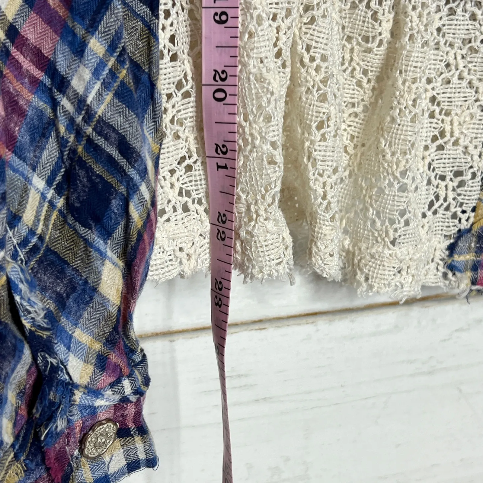 POL Plaid Peace Patchwork Lace Button-Up Shirt Blue Boho Cottagecore Small - Image 6