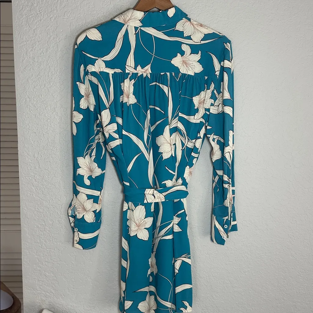 Reiss Tida Shirt Dress Teal Blue Floral Belted Long Sleeve Lunch Brunch Casual - Image 10