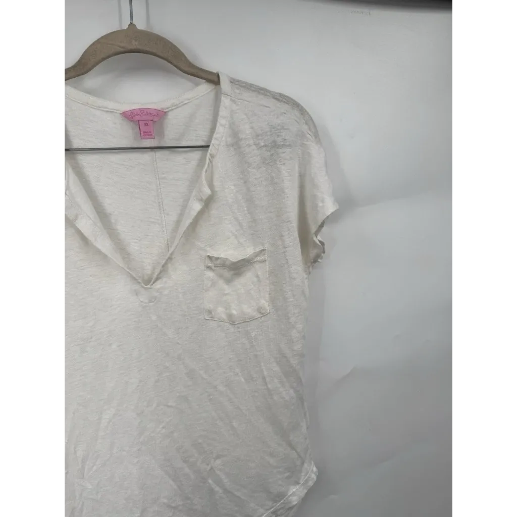 Lilly Pulitzer 100% Linen Top Women XS White Minimalist Beach Coastal Preppy‎ - Image 7