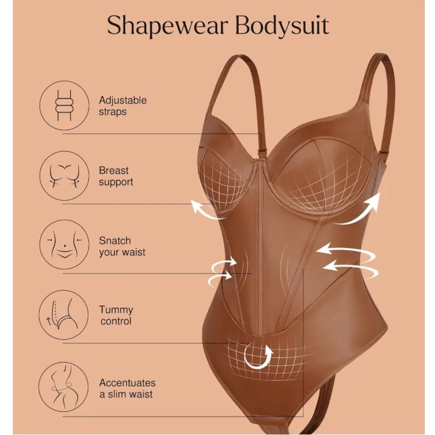 NWT Popilush Leather Corset Bodysuit V Neck Thong Shapewear Top XL Brown - Image 3