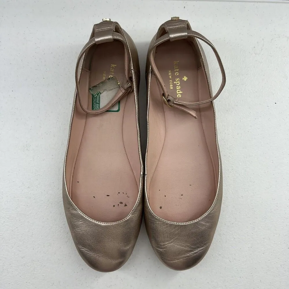 Kate Spade Size 9 Ballet Flats Wagan Ankle Strap Leather in Quartz Metallic Gold - Image 5