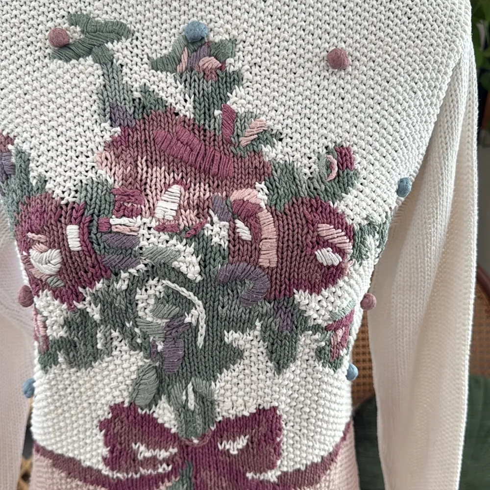 Vintage Russ Petites Cream Floral Embroidered Knit Pullover Collared Sweater Size undefined - Image 3