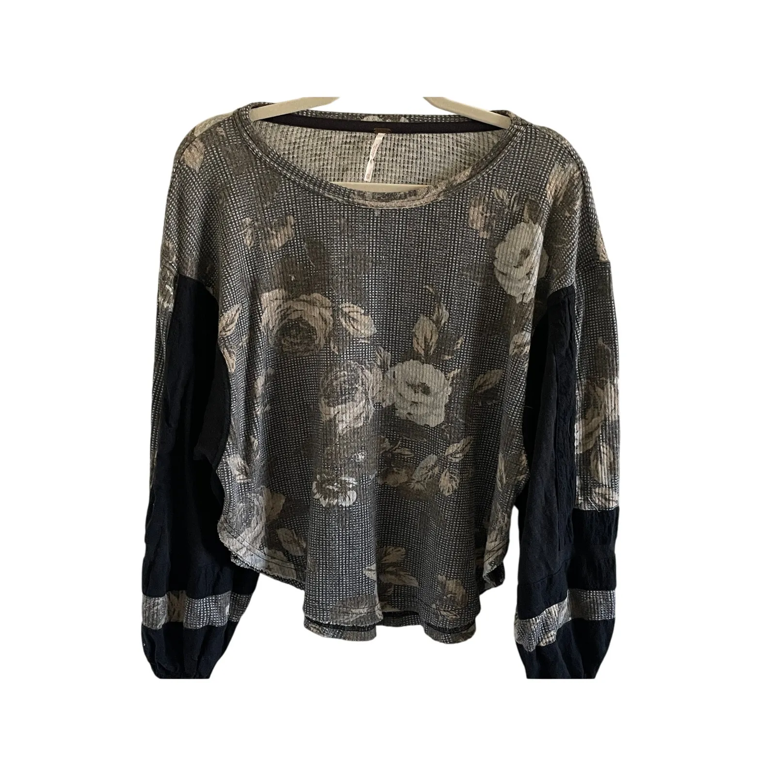 Free People Black Floral Waffle Knit Top XS Boho Streetwear Slouchy Long Sleeve - Image 2