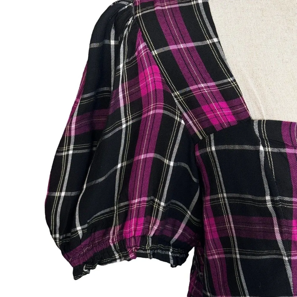 Bar III Medium Cropped Top Plaid Smocked Puff Sleeves Sweetheart Neck Keyhole - Image 2