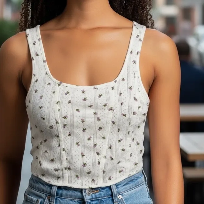 Freshman 1996 Floral Print Corset Tank Top Ribbed Knit White Cute Cottagecore L Size L - Image 2