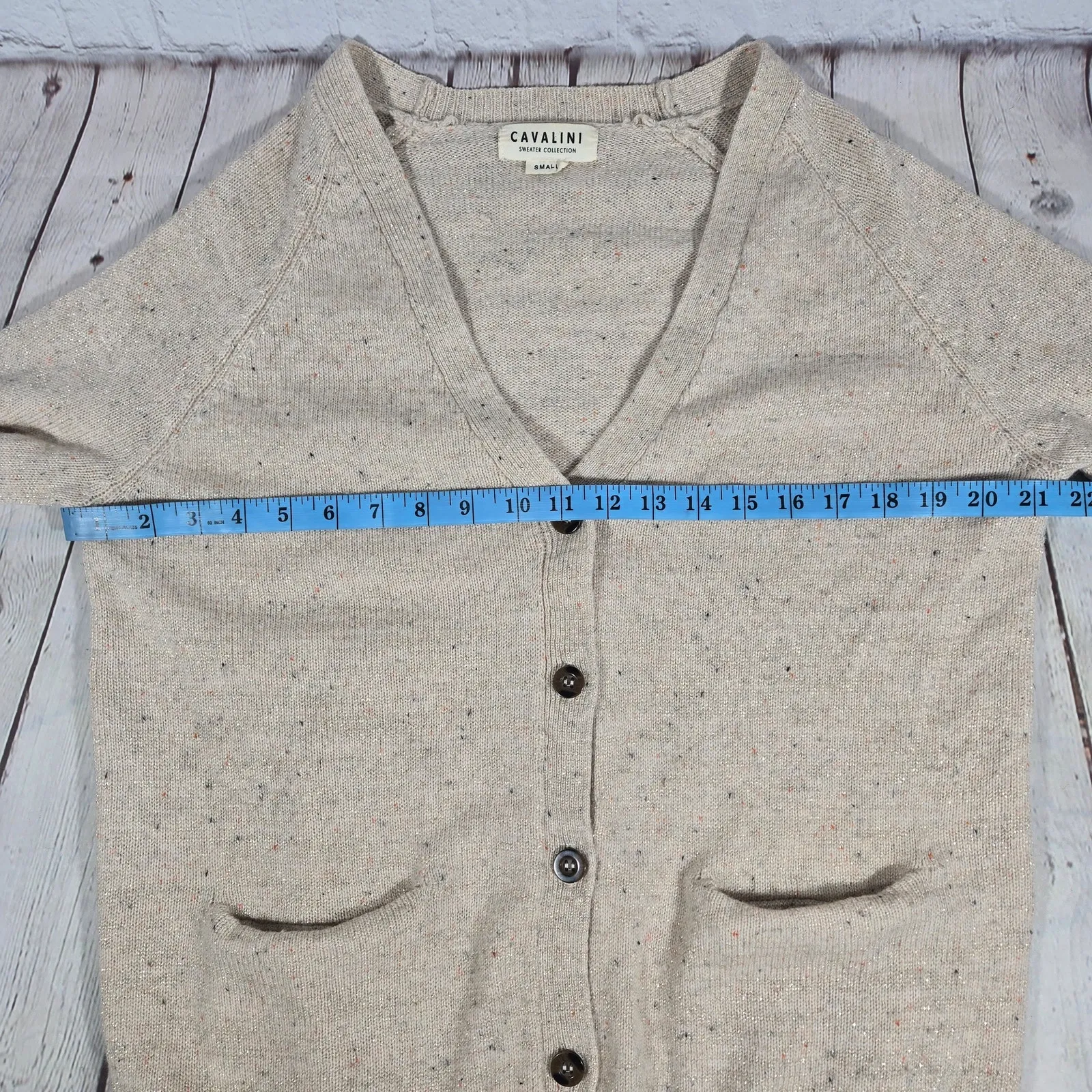 Cavalini Wool Metallic‎ Button Up Colorful Tan Long Sleeve Cardigan Small - Image 8