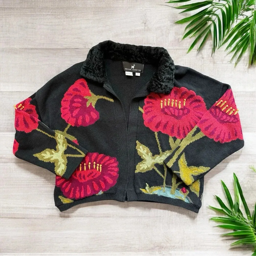 PERUVIAN CONNECTION Floral Knit Cardigan Sweater - XL - Image 5
