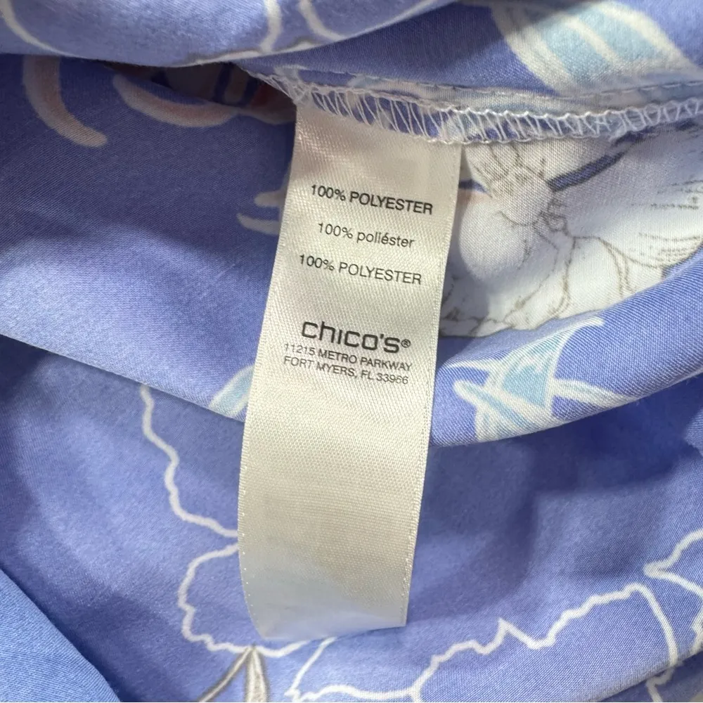 Chico’s Cobalt Blue Floral Button Front Blouse V Neck Roll Up Long Sleeves 1/M - Image 6