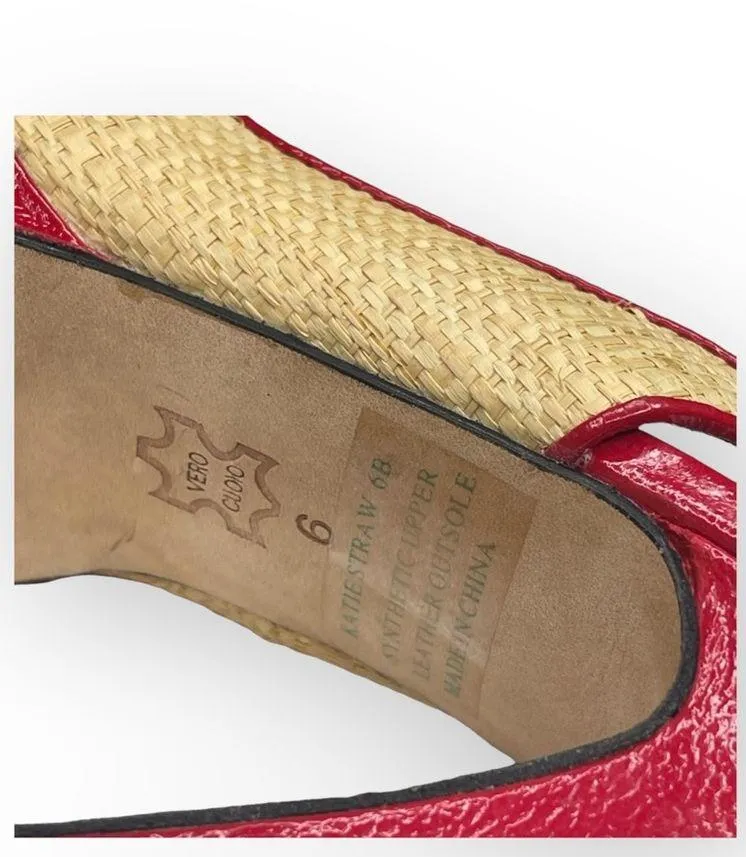 Bebe ᪥ Katie Woven Straw Platform Slingback Heeled Sandals ᪥ Red Leather ᪥ 6M ᪥ - Image 11