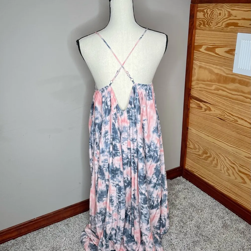 Pink Blue Tie Dye Print Pleated Sleeveless Strappy Maxi Dress 4 - Image 7