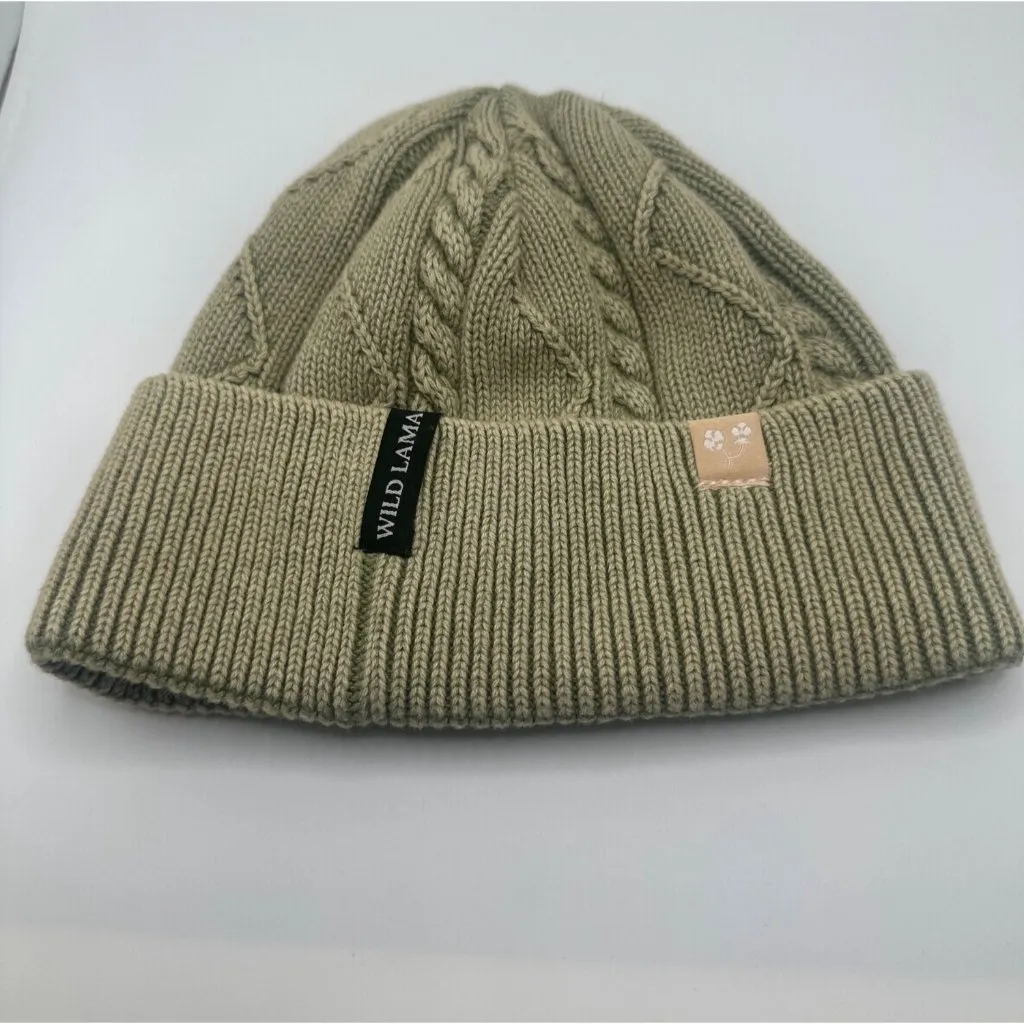 Wild Lama Olive Cable Knit Beanie With Torres Del Paine Patch Green - Image 2