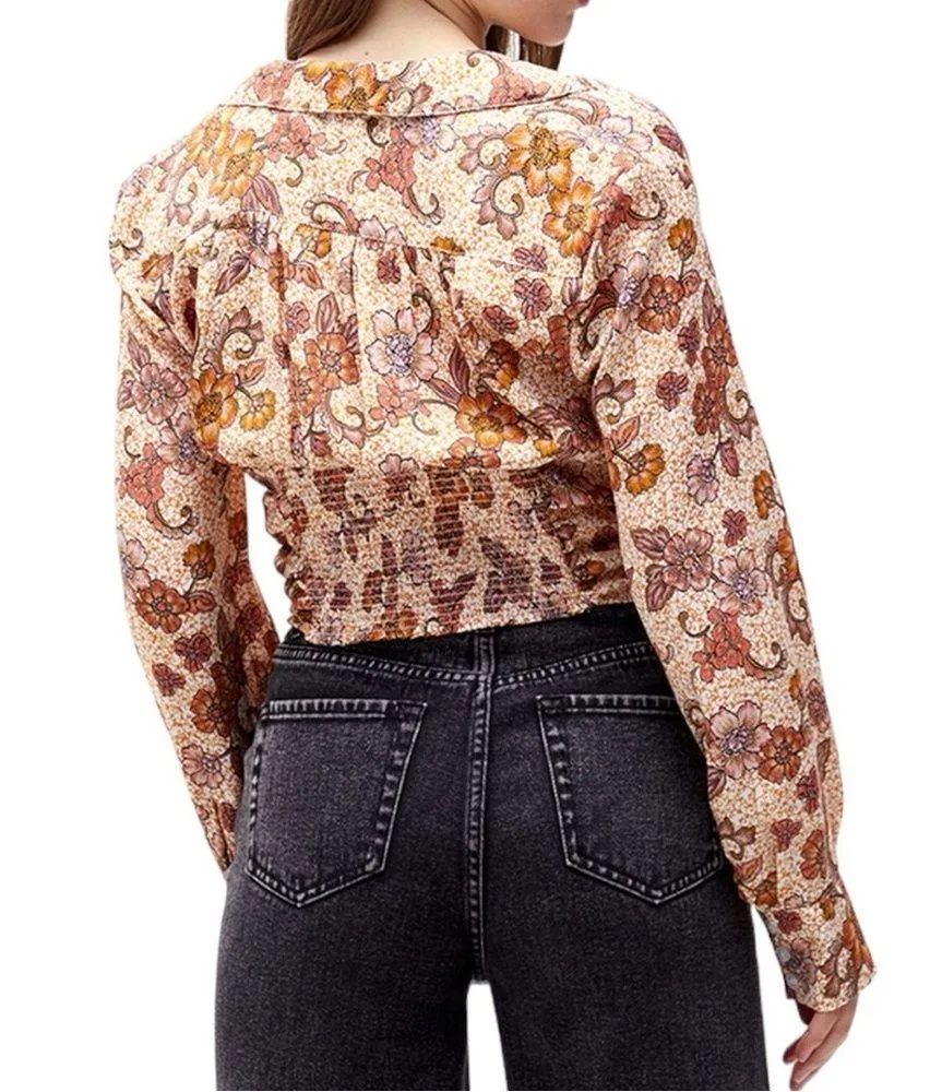 Free People I Got You Printed Long Sleeve Crop Top brown white Sz S - Image 3