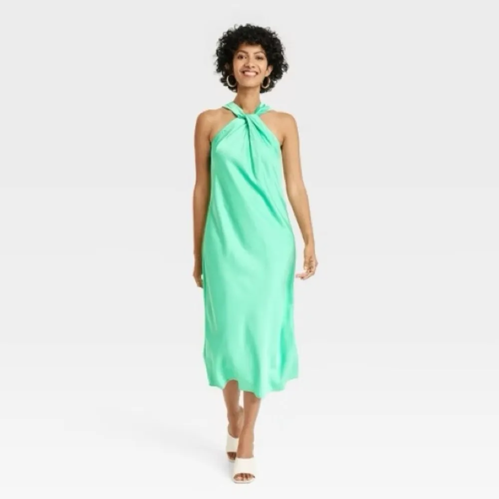 A New Day Silky Green Halter Midi Slip Dress XL Slinky Slouchy Formal Satin Soft - Image 2