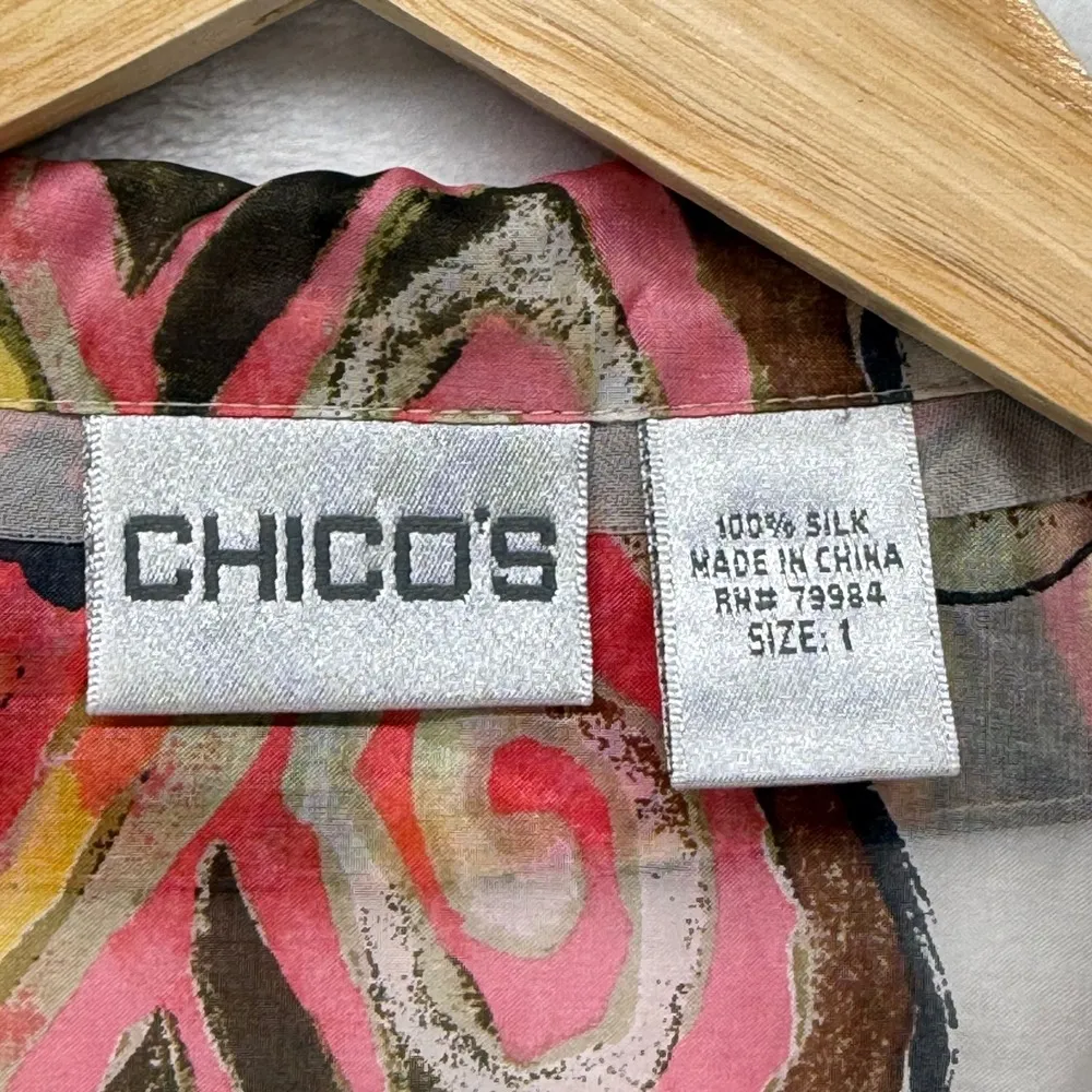 Chico's Silk Tunic Top Abstract Print Button Down Long Sleeve Blouse Size 1 US M - Image 3
