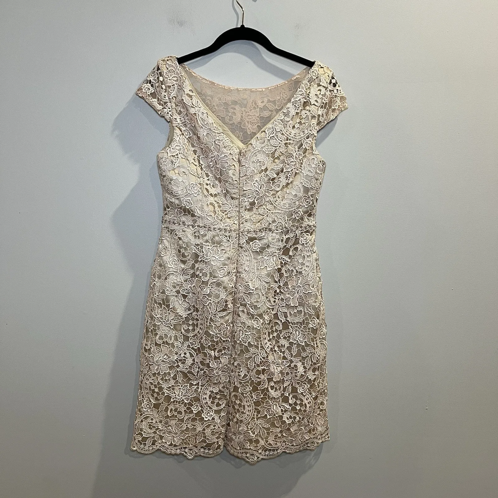 JJ’s House Cap Sleeve Sheath Column Lace Midi‎ Dress Champagne New With Tags - Image 2