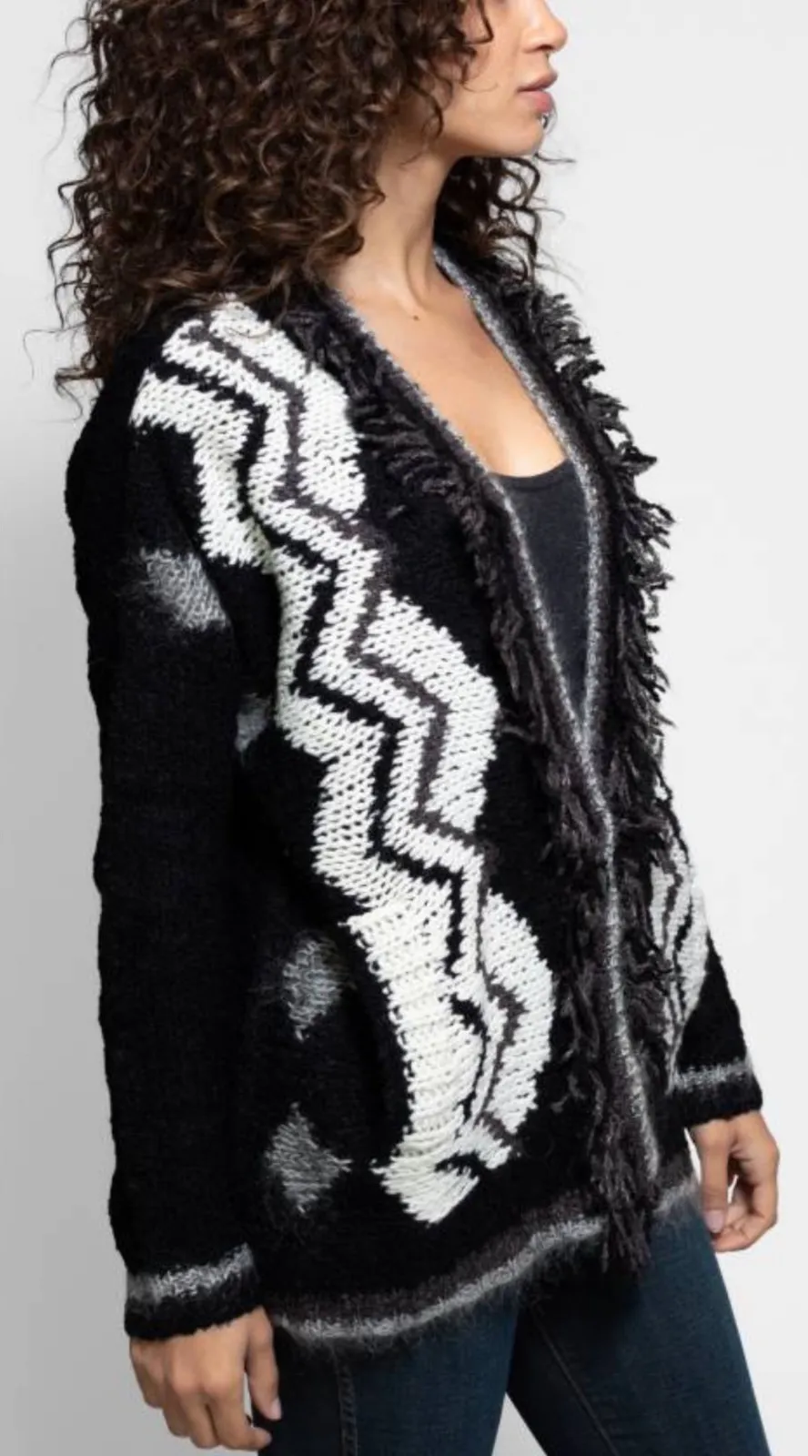 Velvet by Graham & Spencer Black White Patterned Open Front Fringe Cardigan L Size L - Image 1