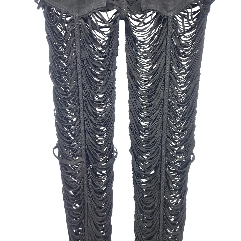 Retrofete Suede Pants Black Size Medium Pockets Sheer Fringe - Image 7