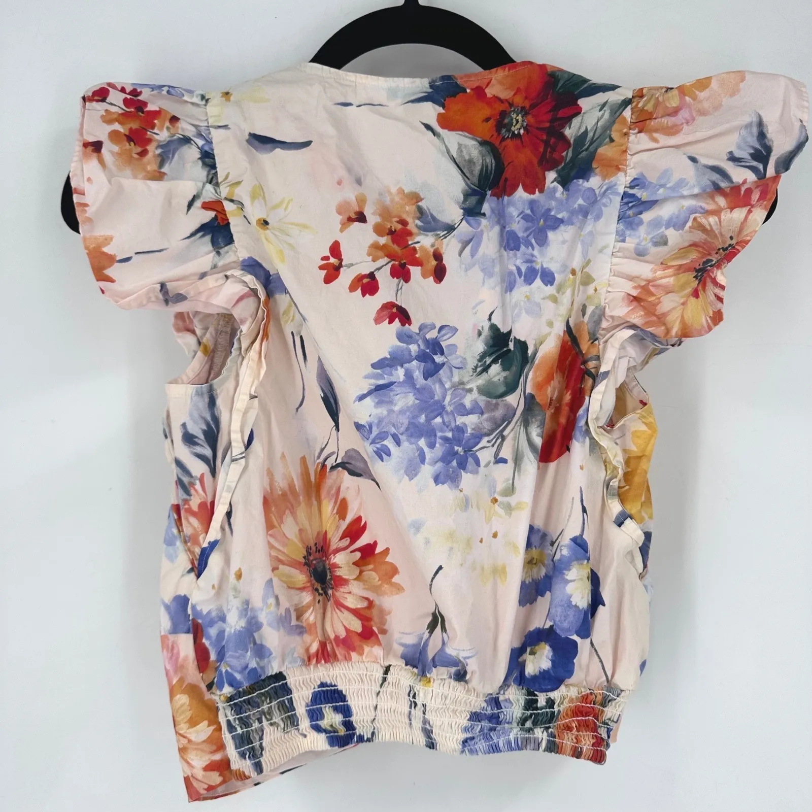 Express Floral Ruffle Sleeve V Neck Ruched Blouse Top Womens XS Pink Blue Orange - Image 3
