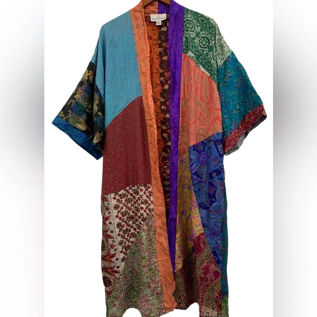 Sacred Threads  100% Silk Patchwork Kimono Duster Robe XL Boho Festival Rare GUC - Image 3