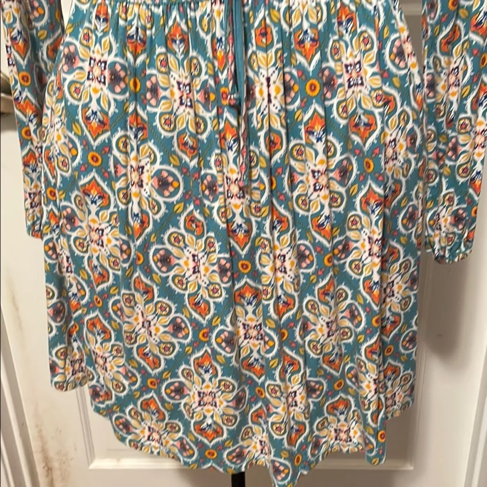 🚜🚜🚜3 for 12$🚜🚜🚜Blue and Orange Smocked Tie Front Sundress with Long Sleeves - Image 3