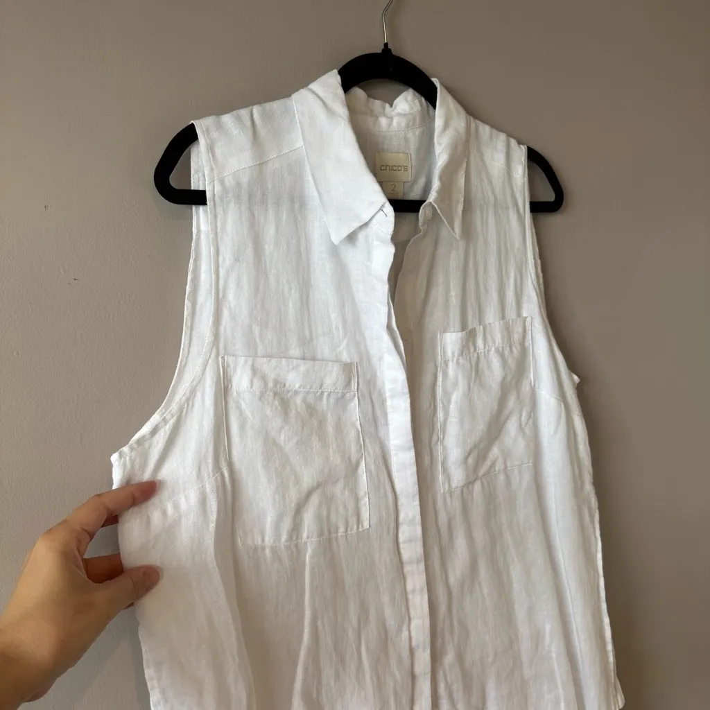 Chico’s Women’s 100% Linen Sleeveless Long Button Down Tunic Blouse Size‎ 2 - Image 5