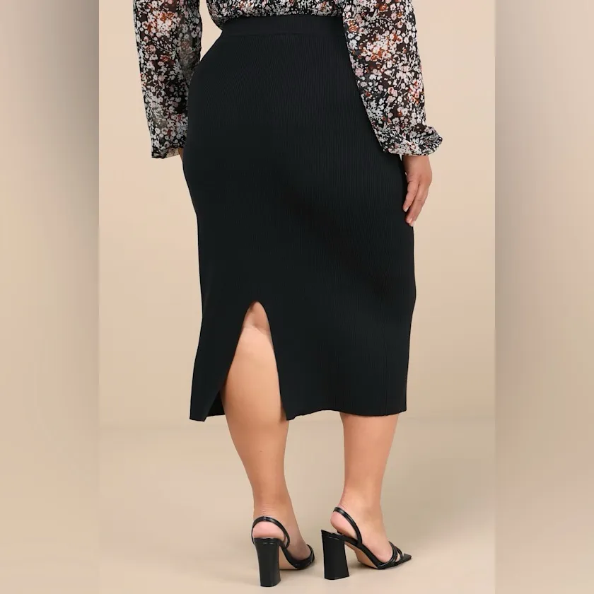 NWOT Lulus Seasonal Fave Black Ribbed Knit Midi Sweater Skirt M - Image 7