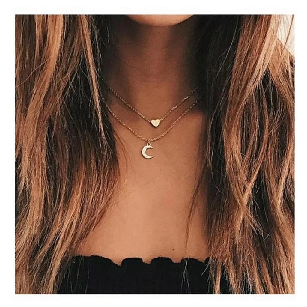 NEW Gold Plated Layered Necklace with Heart and Moon‎ Pendants, 16-18” - Image 8