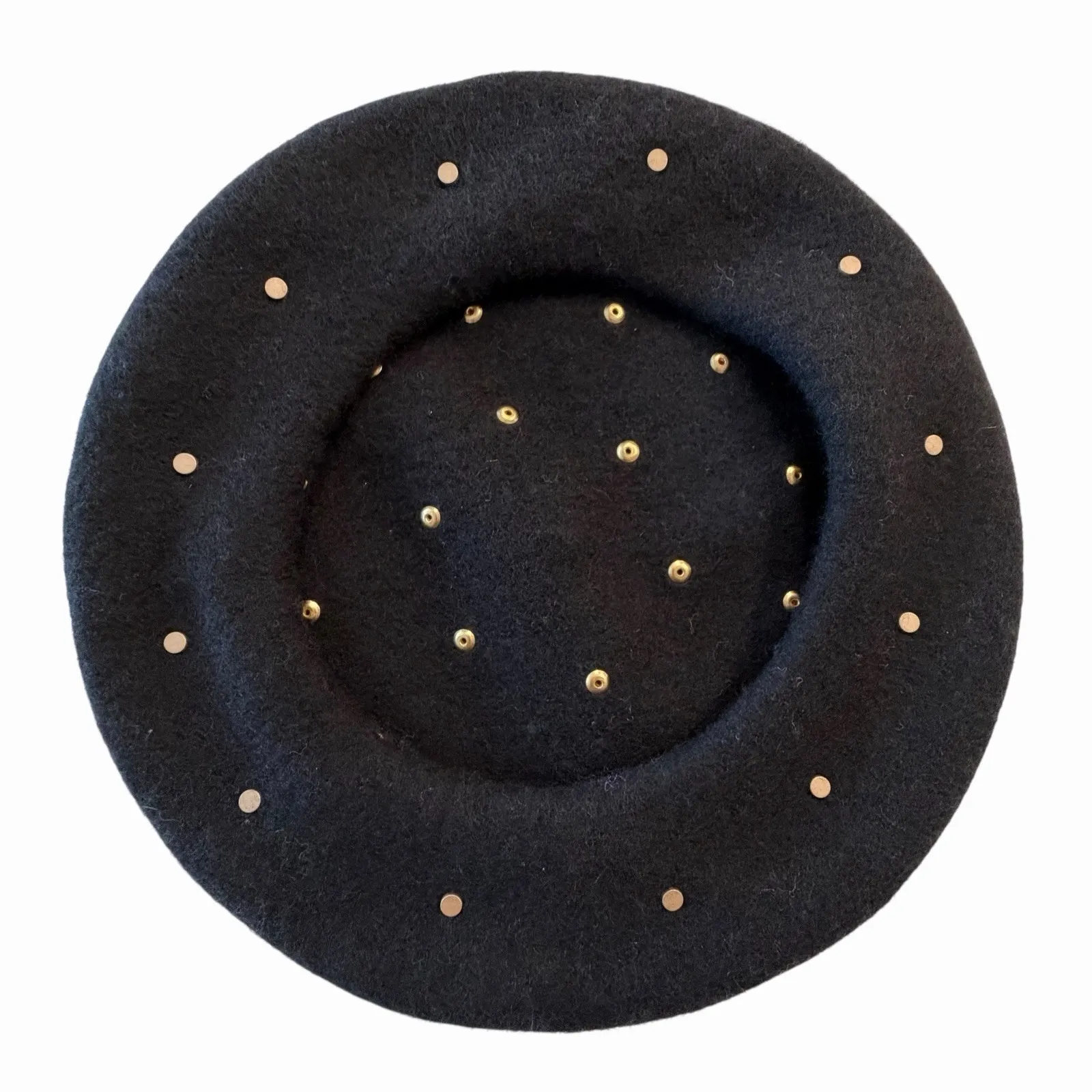 AllSaints Maia Black 100% Wool Studded Beret Hat Gold Tone Studs Glam Rock - Image 5