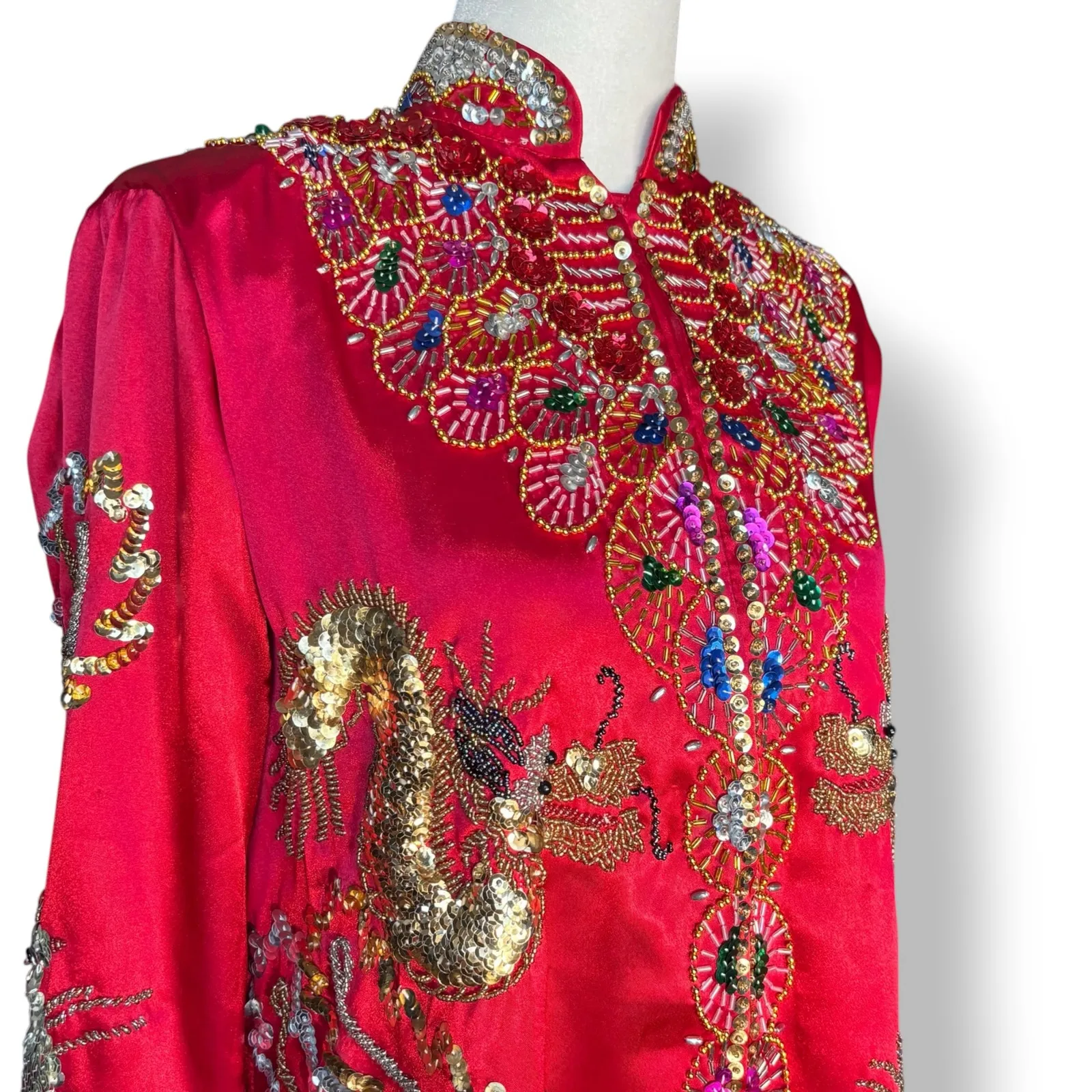 Vintage Red Dragon Phoenix Beaded Silk Asian Jacket Hand Embellished 80s 90s - Image 2