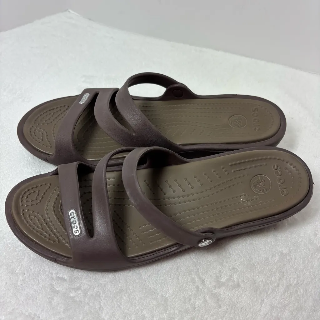 Crocs Brown Criss Cross‎ Rubber Slide On Wedge Sandals Size 9 Women's - Image 3