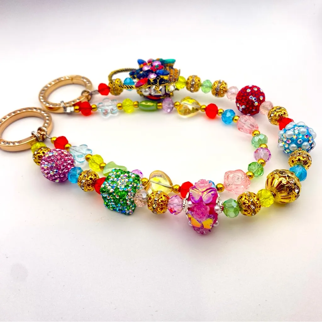 💐Luxury Bag/Phone Chain Charm/Keychain COLORFUL FLOWER BASKET Bling Crystal - Image 7