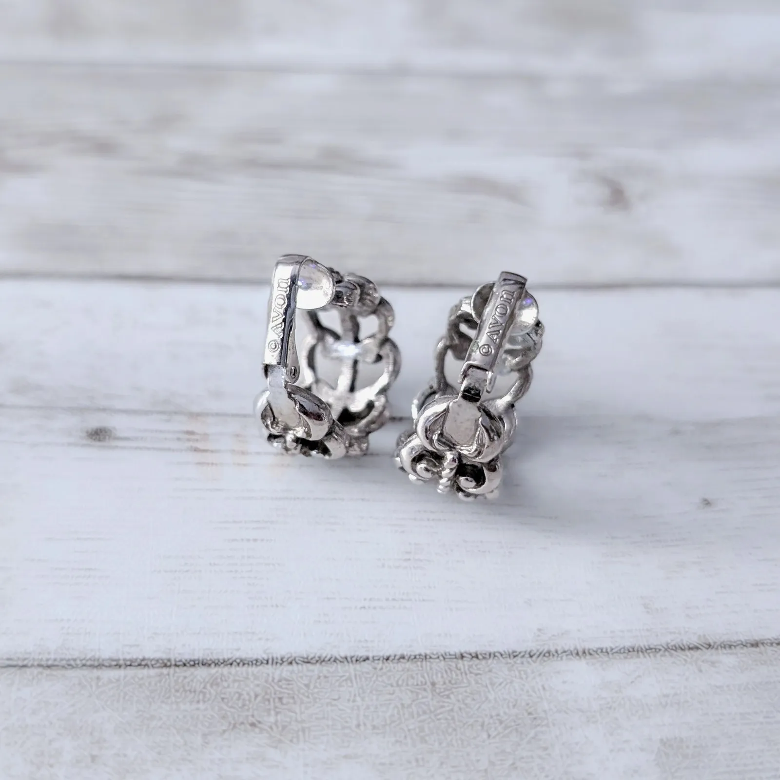 Vintage Avon Clip On Earrings French Filigree Hoop Silver Tone - Image 8