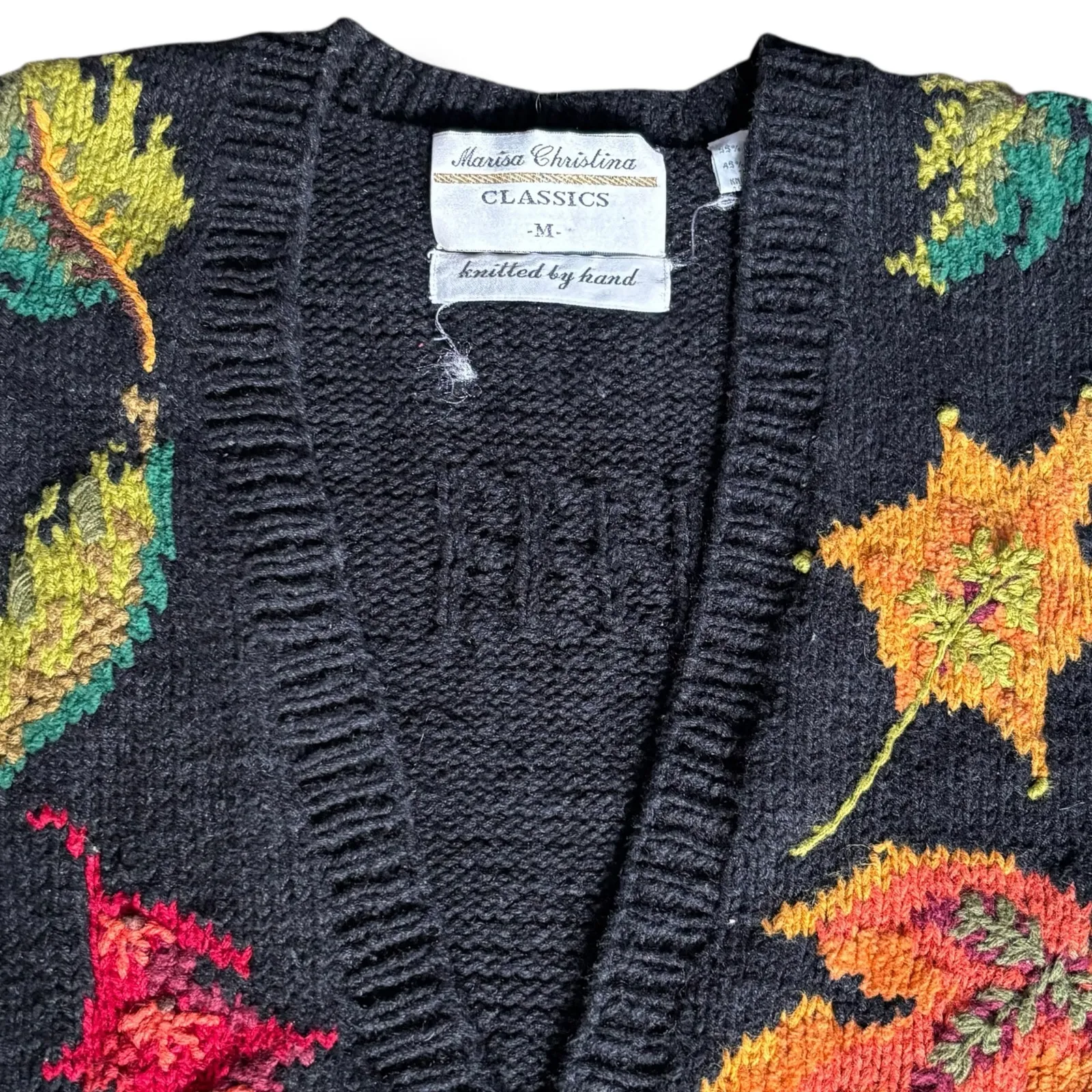Vintage Marisa Christina Hand Knit Black Leaf Sweater Vest Black Autumn Cozy Size M - Image 7