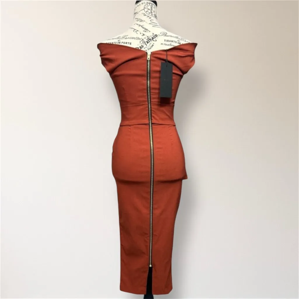 New Vesper247 Rust Off Shoulder Belted Midi Dress Fall Wedding Party Cocktail XS Orange - Image 4