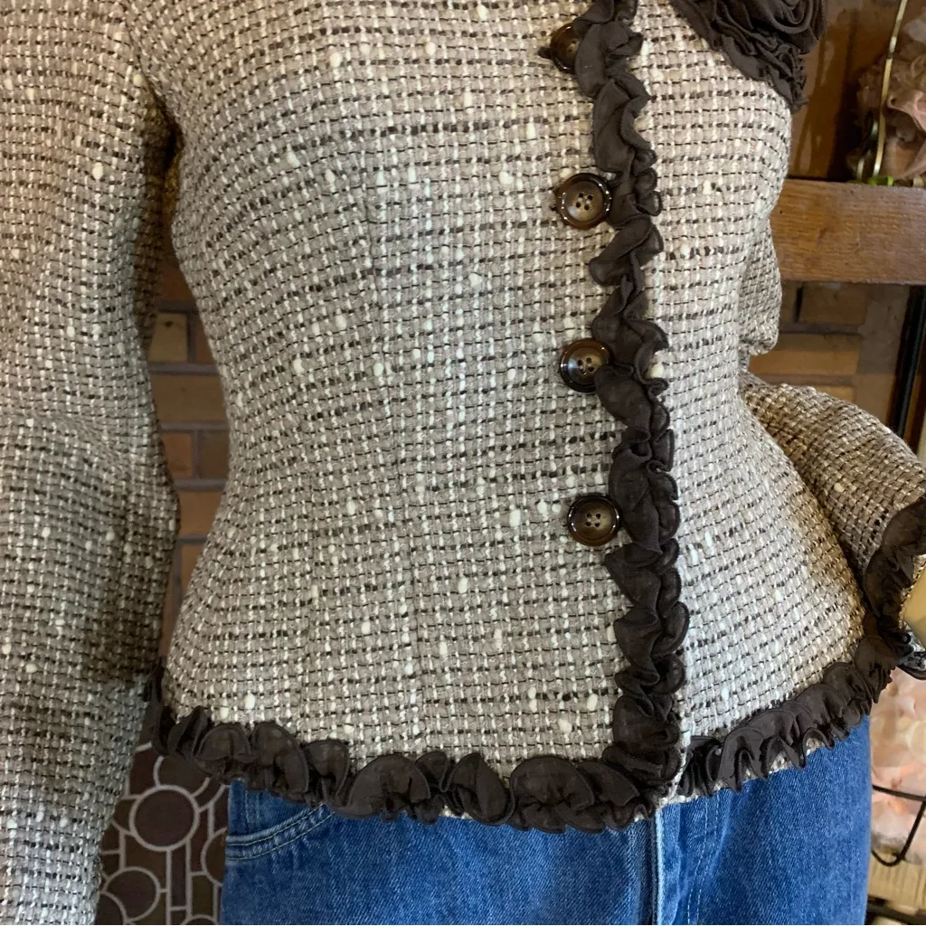 ANNE KLEIN BROWN & BEIGE TWEED W/CHIFFON TRIM WOOL BLEND BLAZER (4) - Image 10