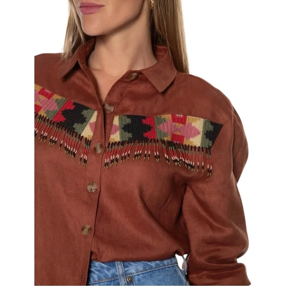 NWT Farm Rio Brown Beaded Fringe Oversized Button-Down Aztec Embroidered Shirt S - Image 2
