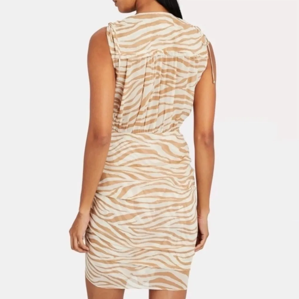 Veronica Beard Dress Silk Soheyla Ruched Zebra Mini Dress Sz 4 EUC Tan & White - Image 3