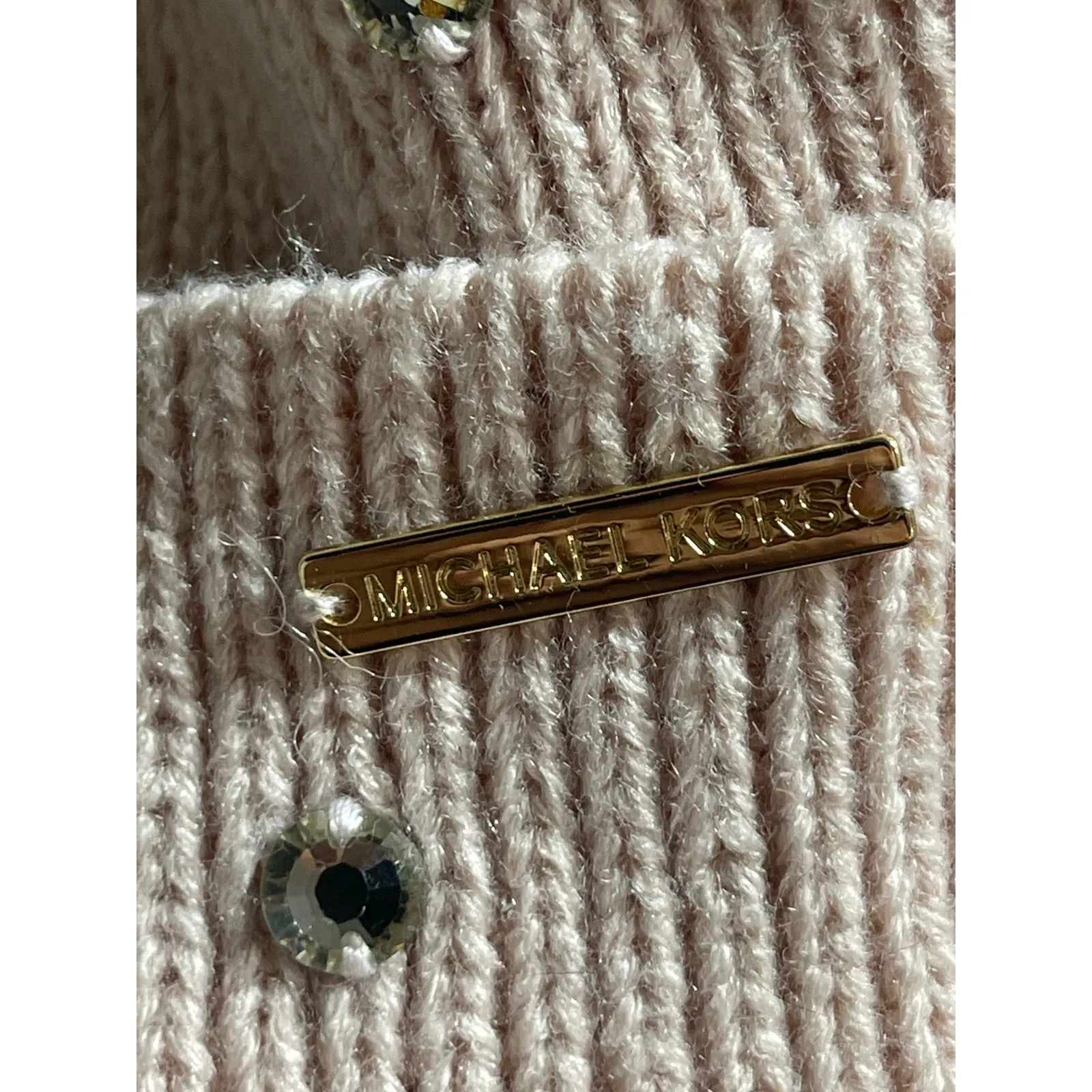 Michael Kors Cream Crystal Rhinestone Embellished Rib Cuff Hat Beanie One Size - Image 4