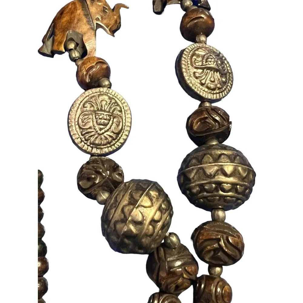 Vintage Carved Wood Necklace Silver Tone Carved Elephant Trunk Up Hook Clasp 30" Brown - Image 3