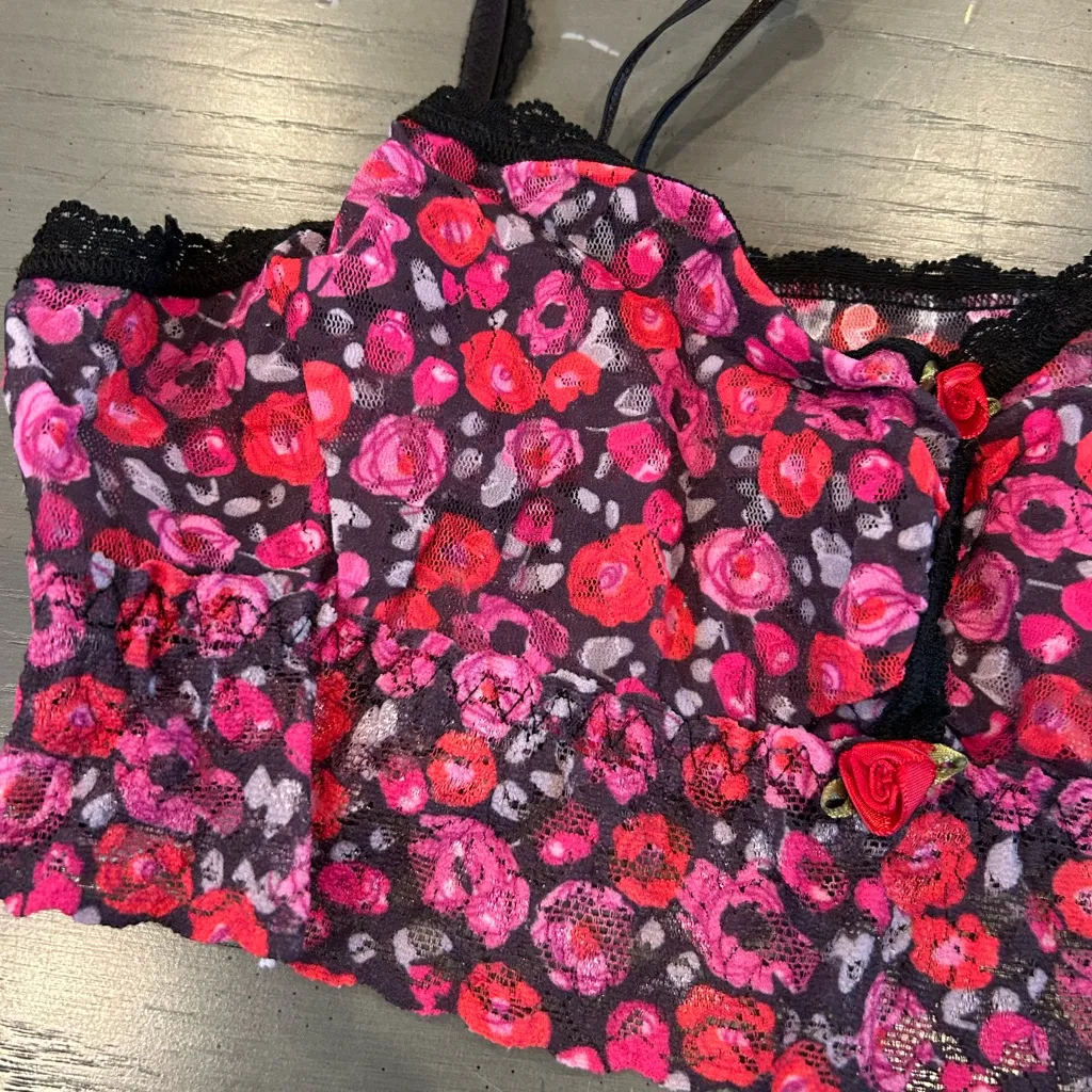 Hanky Panky Pink & Red Floral Roses Lace Bralette - Image 3