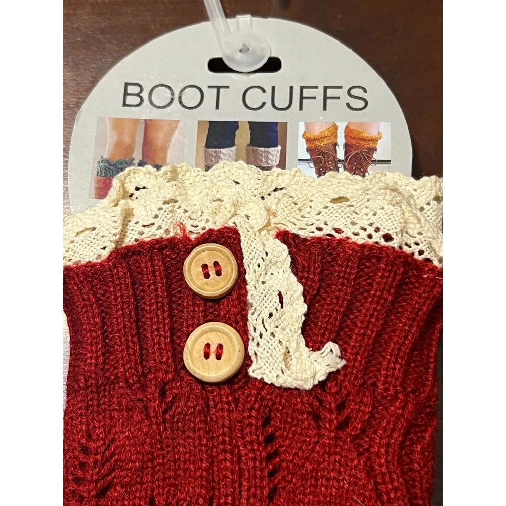 Red Knit Boot Cuffs With Lace Trim & Wooden Buttons 100% Acrylic NEW - Image 2