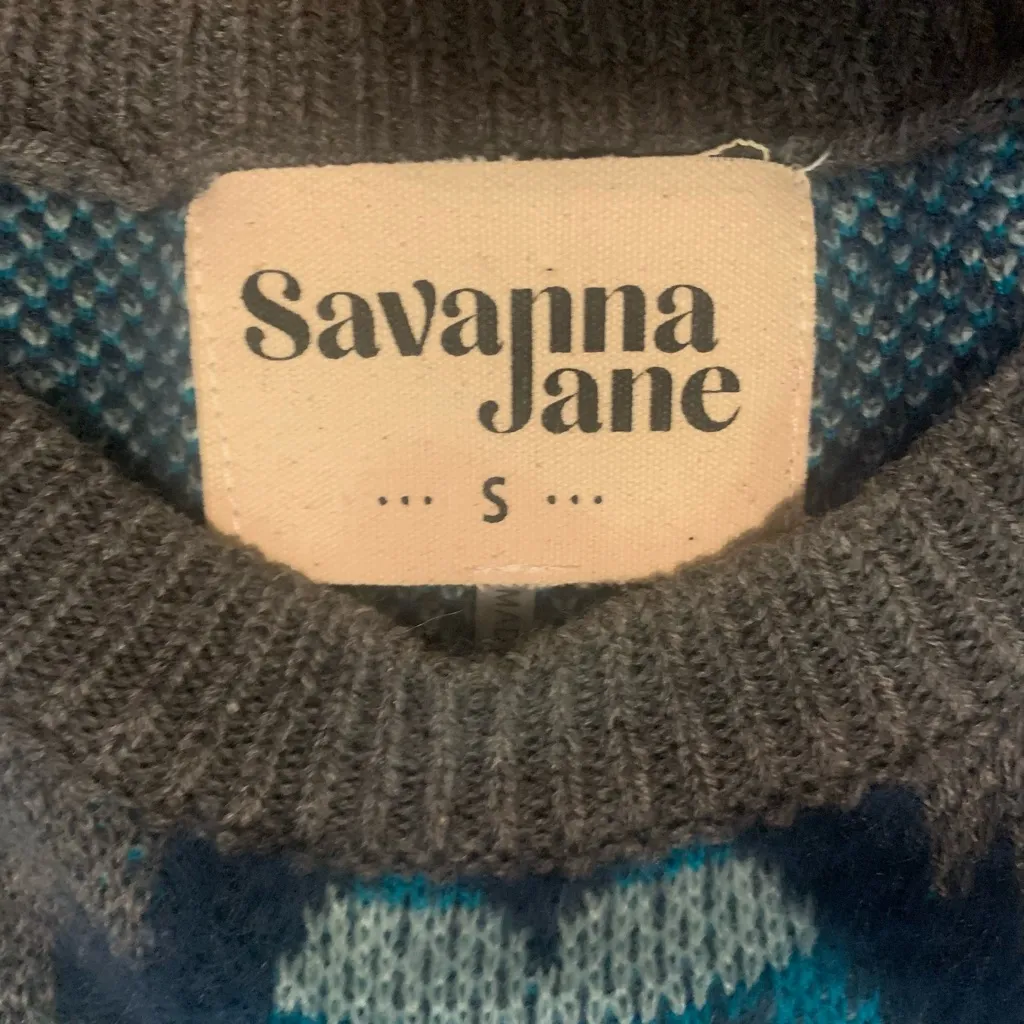 Savanna Jane Aztec Print Aqua & Gray Fringe Knit Sm. Poncho 2841 - Image 3