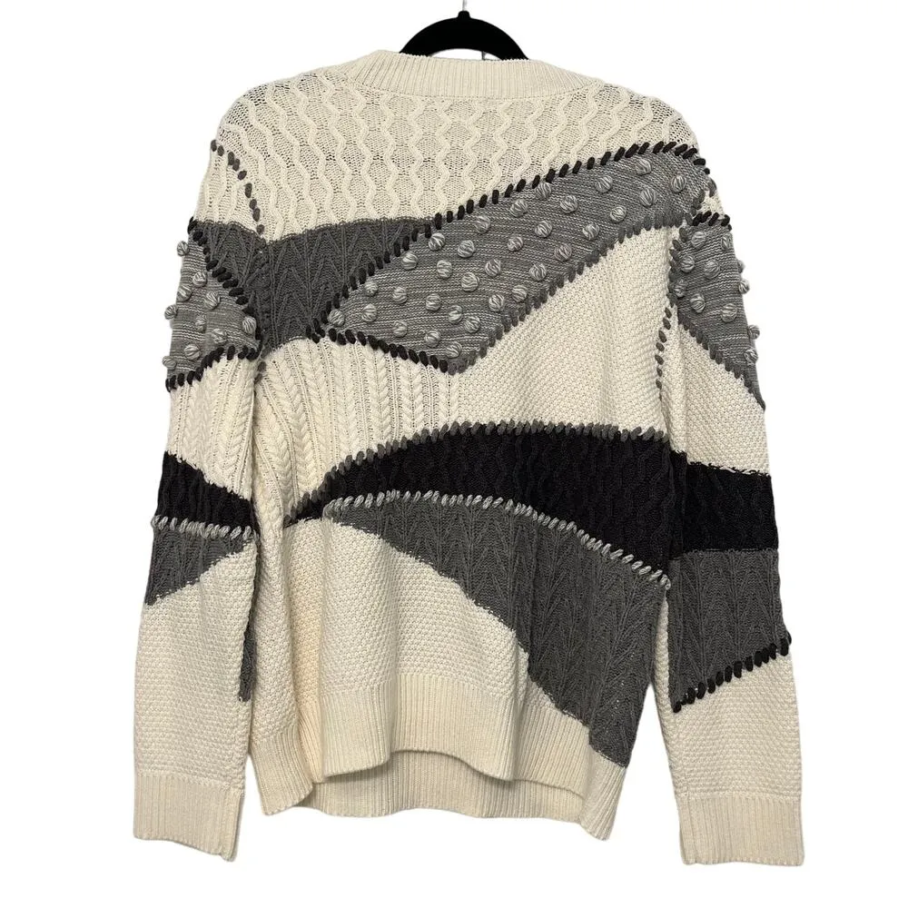 Vintage Grandpa Sweater 3D Cable Knit Cream Gray Black Medium Chunky‎ Patchwork - Image 2