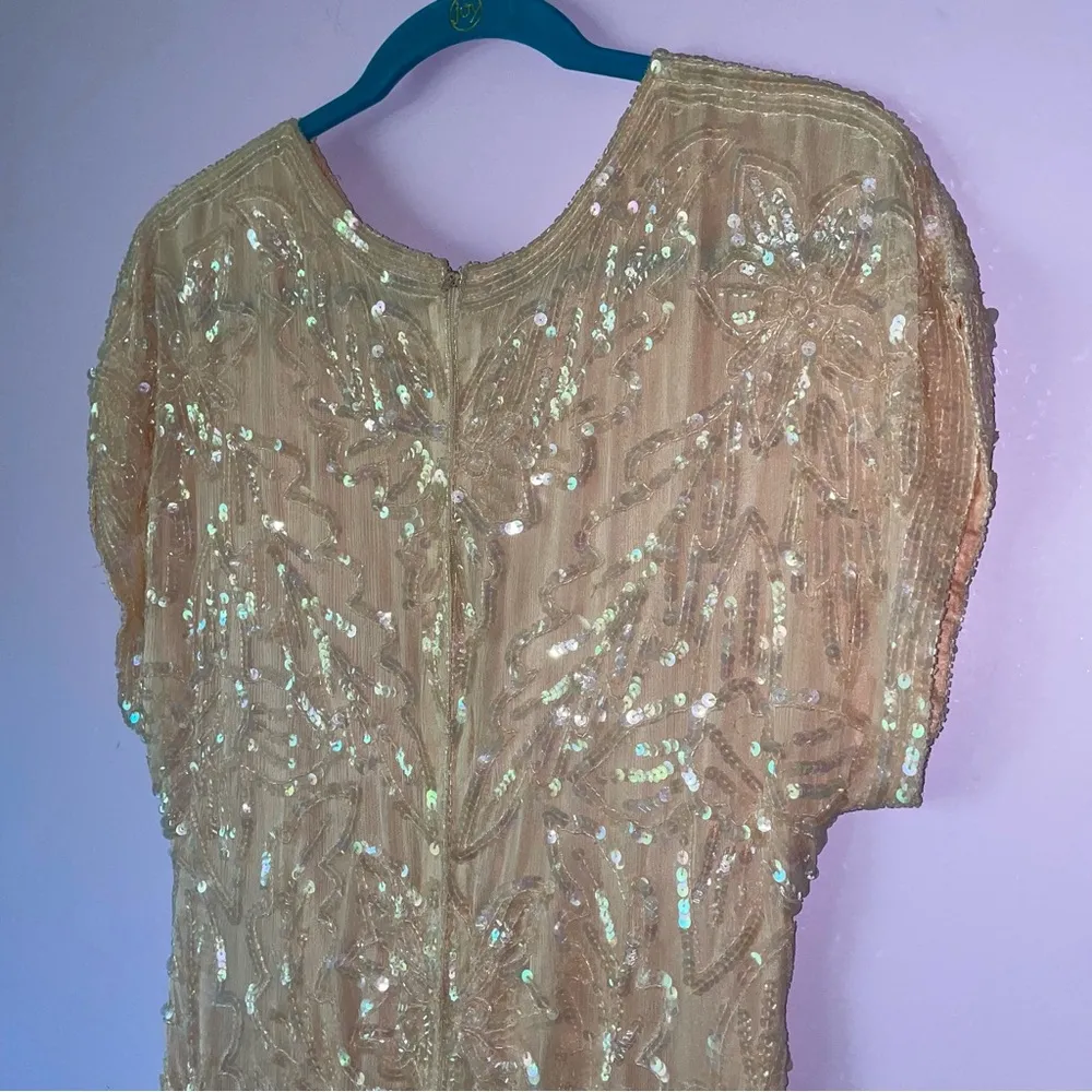 Vintage Size M Pastel Peach Silk Sequin Ball Gown Formal Dress Modest Hoco Prom Orange Size M - Image 8