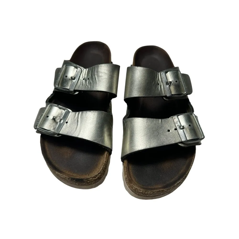 Birkenstock Arizona Soft Footbed Women Sz 37 Leather Metallic Silver Sandals 125 - Image 4